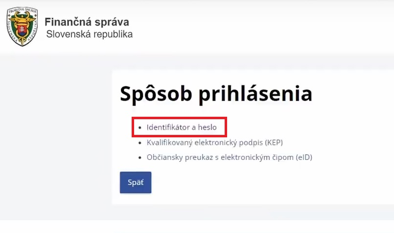 Starý spôsob prihlásenia vo finančnej správe cez Identifikátor a heslo na vyplnenie daňové priznanie